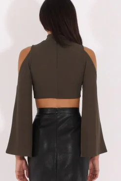 Rebellious Fashion Khaki Cold Shoulder Split Sleeve Crop Top - Opal