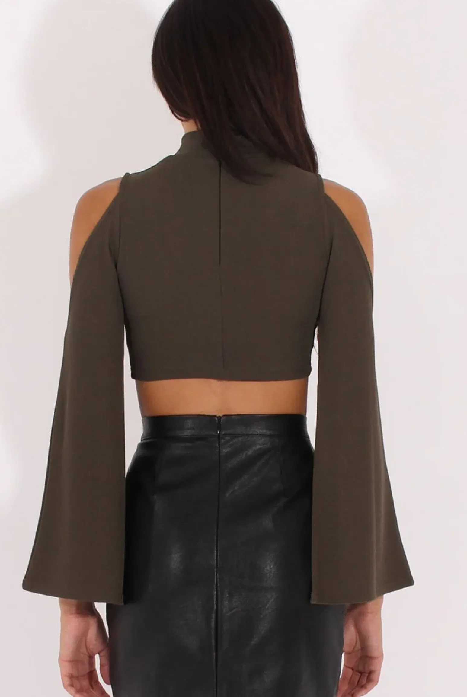 Rebellious Fashion Khaki Cold Shoulder Split Sleeve Crop Top - Opal