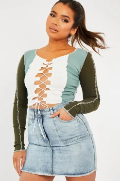 Rebellious Fashion Khaki Colour Block Lace Up Front Crop Top - Bella
