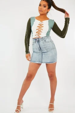 Rebellious Fashion Khaki Colour Block Lace Up Front Crop Top - Bella