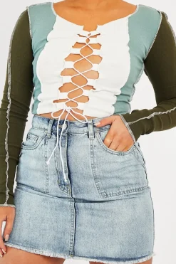 Rebellious Fashion Khaki Colour Block Lace Up Front Crop Top - Bella