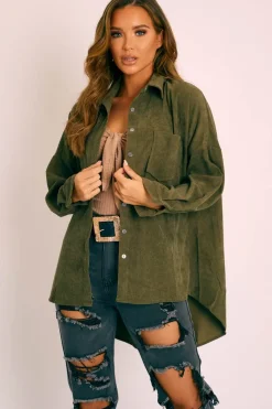 Rebellious Fashion Khaki Corduroy Button Front Oversized Shirt - Kyrah