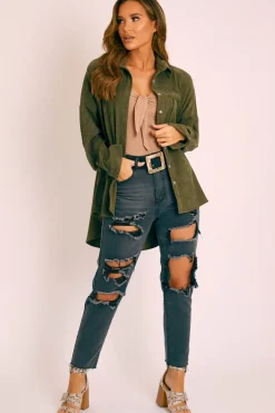 Rebellious Fashion Khaki Corduroy Button Front Oversized Shirt - Kyrah