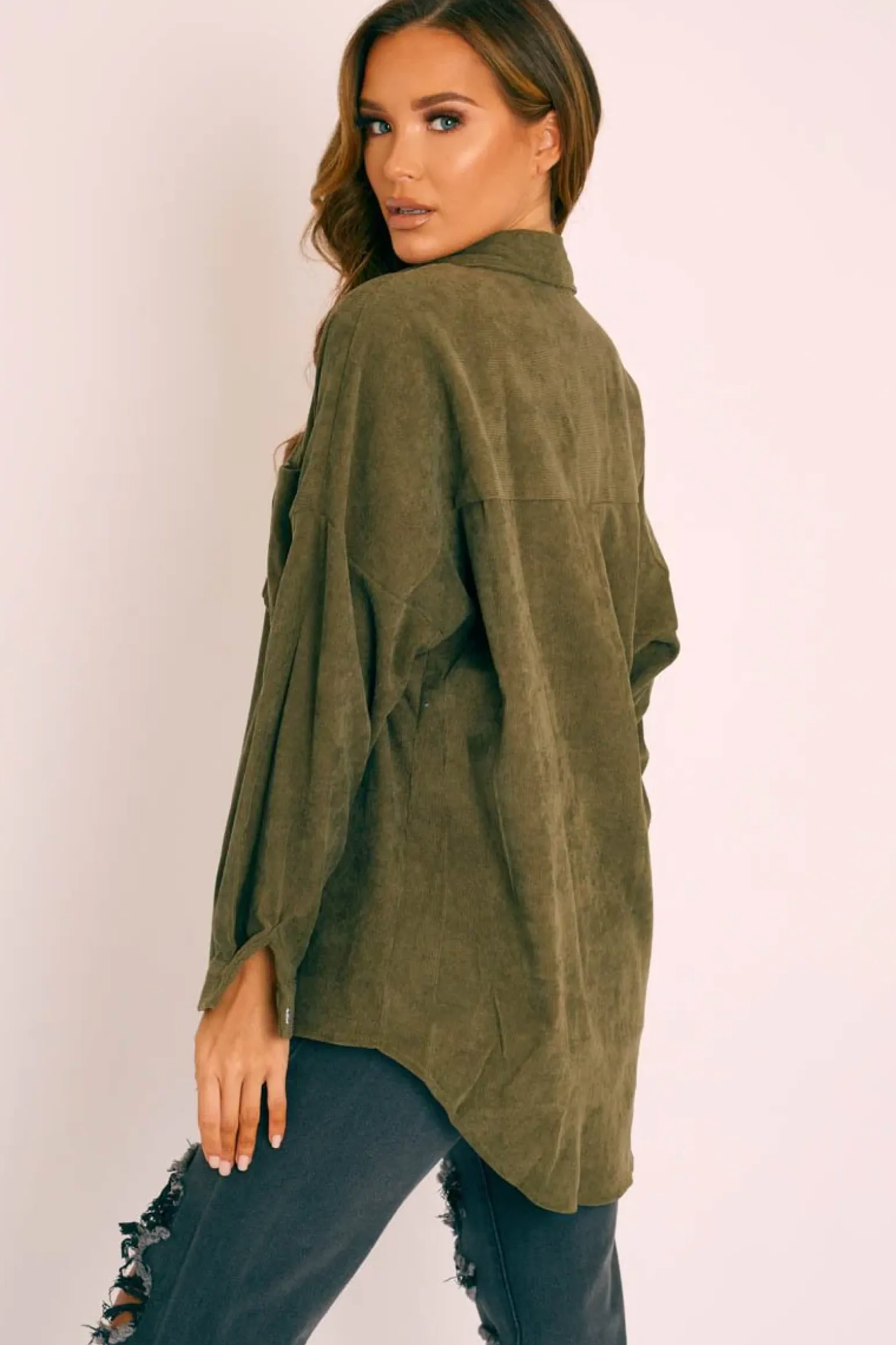 Rebellious Fashion Khaki Corduroy Button Front Oversized Shirt - Kyrah