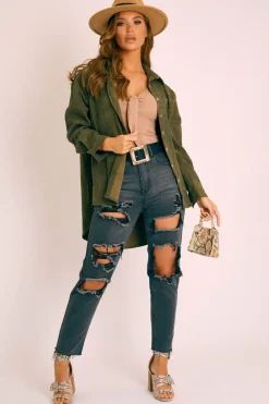 Rebellious Fashion Khaki Corduroy Button Front Oversized Shirt - Kyrah