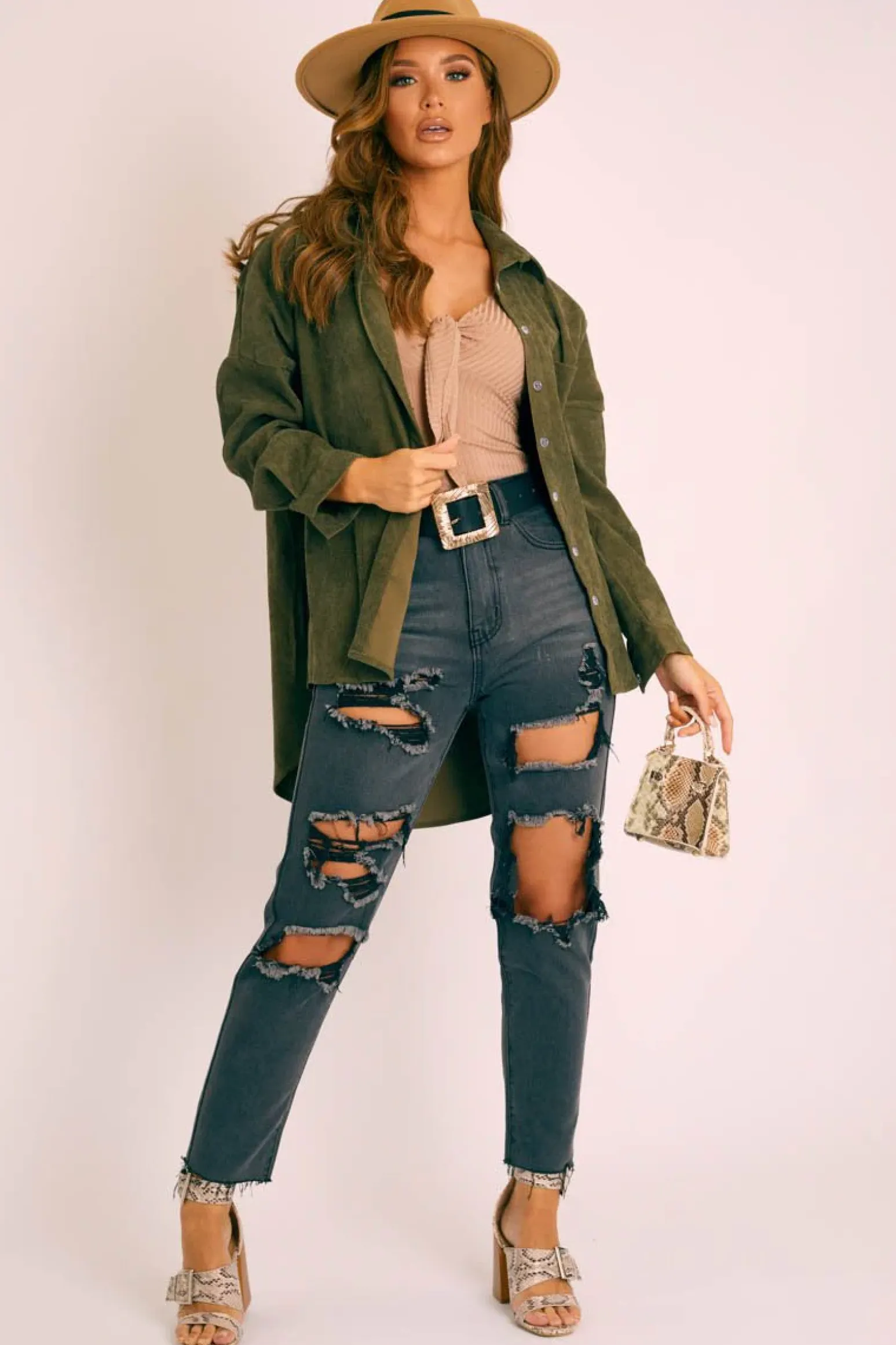 Rebellious Fashion Khaki Corduroy Button Front Oversized Shirt - Kyrah