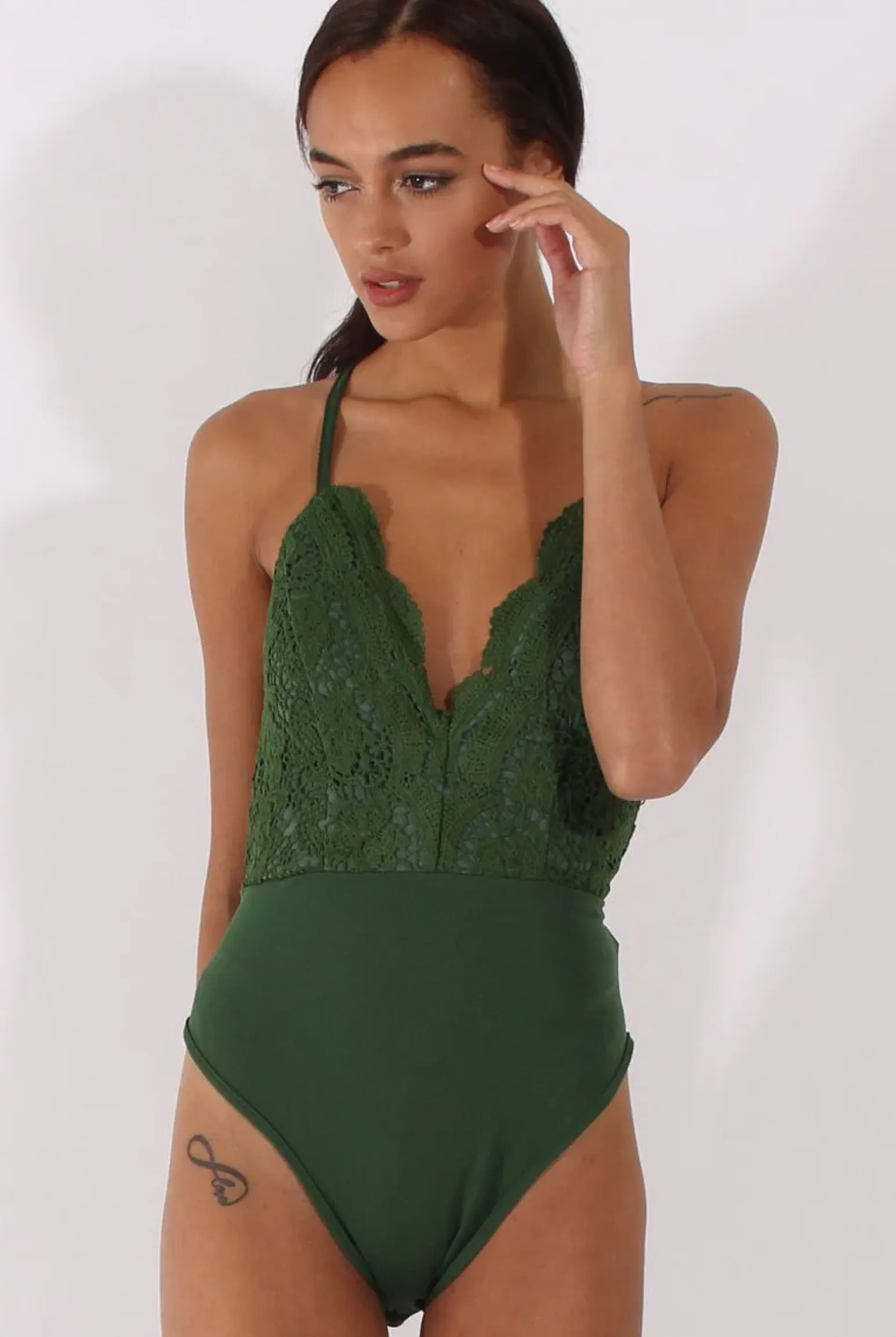 Rebellious Fashion Khaki Crochet Cross Back Bodysuit - Crecia