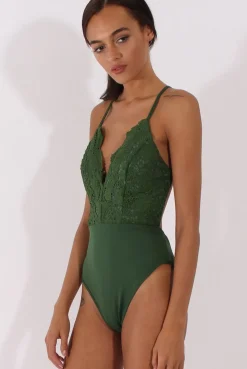 Rebellious Fashion Khaki Crochet Cross Back Bodysuit - Crecia