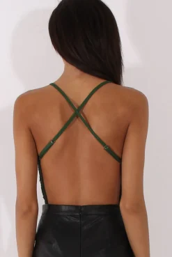 Rebellious Fashion Khaki Crochet Cross Back Bodysuit - Crecia