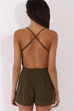 Rebellious Fashion Khaki Crochet Cross Back Playsuit - Quinn