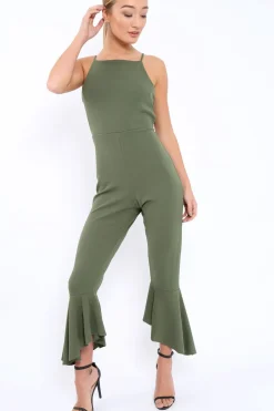 Rebellious Fashion Khaki Cropped Frill Hem Jumpsuit - Sadey