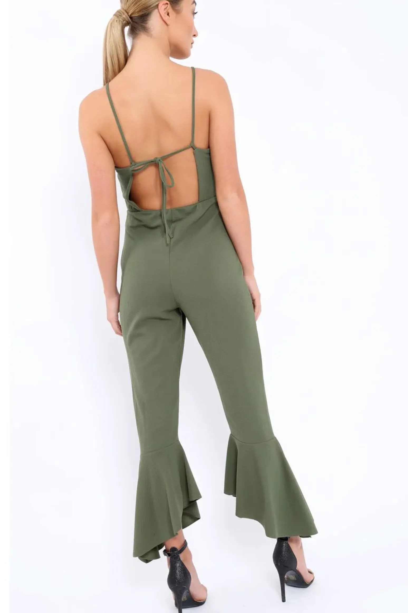 Rebellious Fashion Khaki Cropped Frill Hem Jumpsuit - Sadey