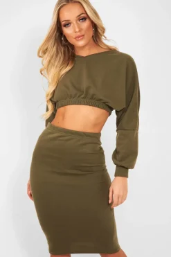 Rebellious Fashion Khaki Cropped Jumper and Skirt Co-ord - Heidi