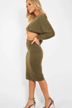 Rebellious Fashion Khaki Cropped Jumper and Skirt Co-ord - Heidi