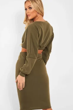 Rebellious Fashion Khaki Cropped Jumper and Skirt Co-ord - Heidi
