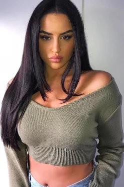 Rebellious Fashion Khaki Crop V Neck Knit Jumper - Rozella