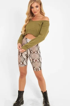 Rebellious Fashion Khaki Crop V Neck Knit Jumper - Rozella