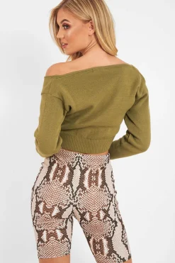 Rebellious Fashion Khaki Crop V Neck Knit Jumper - Rozella