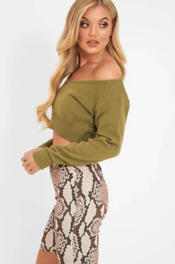 Rebellious Fashion Khaki Crop V Neck Knit Jumper - Rozella