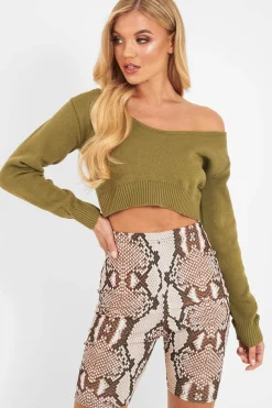 Rebellious Fashion Khaki Crop V Neck Knit Jumper - Rozella