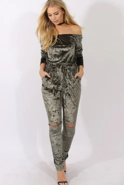 Rebellious Fashion Khaki Crushed Velvet Bardot Split Knee Jumpsuit - Binky