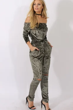 Rebellious Fashion Khaki Crushed Velvet Bardot Split Knee Jumpsuit - Binky