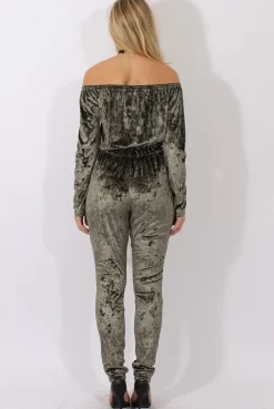 Rebellious Fashion Khaki Crushed Velvet Bardot Split Knee Jumpsuit - Binky
