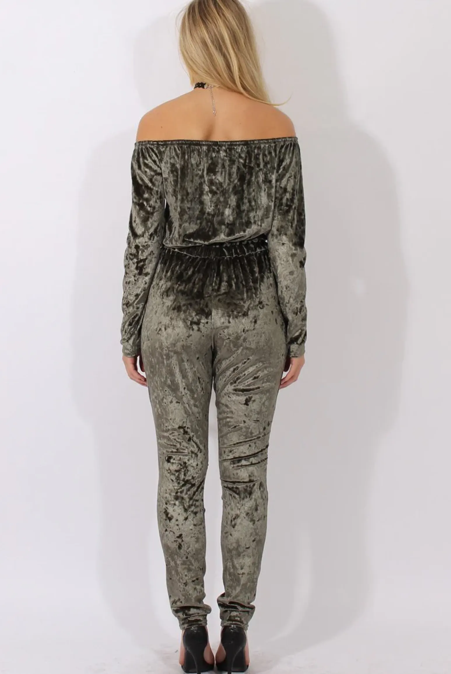 Rebellious Fashion Khaki Crushed Velvet Bardot Split Knee Jumpsuit - Binky