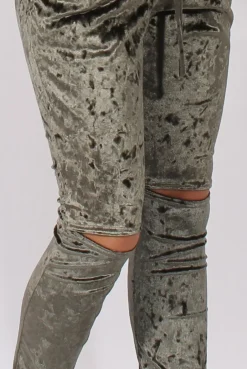 Rebellious Fashion Khaki Crushed Velvet Bardot Split Knee Jumpsuit - Binky