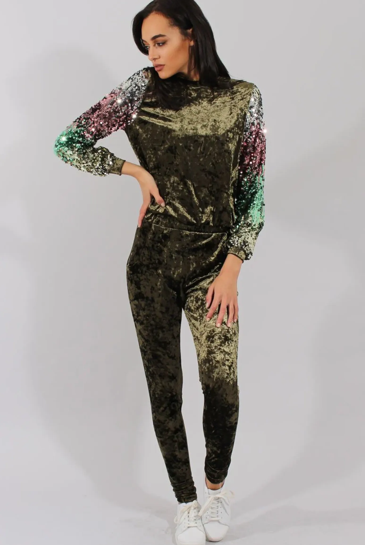 Rebellious Fashion Khaki Crushed Velvet Jumper - Rainie
