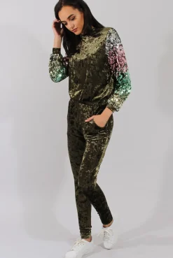 Rebellious Fashion Khaki Crushed Velvet Jumper - Rainie
