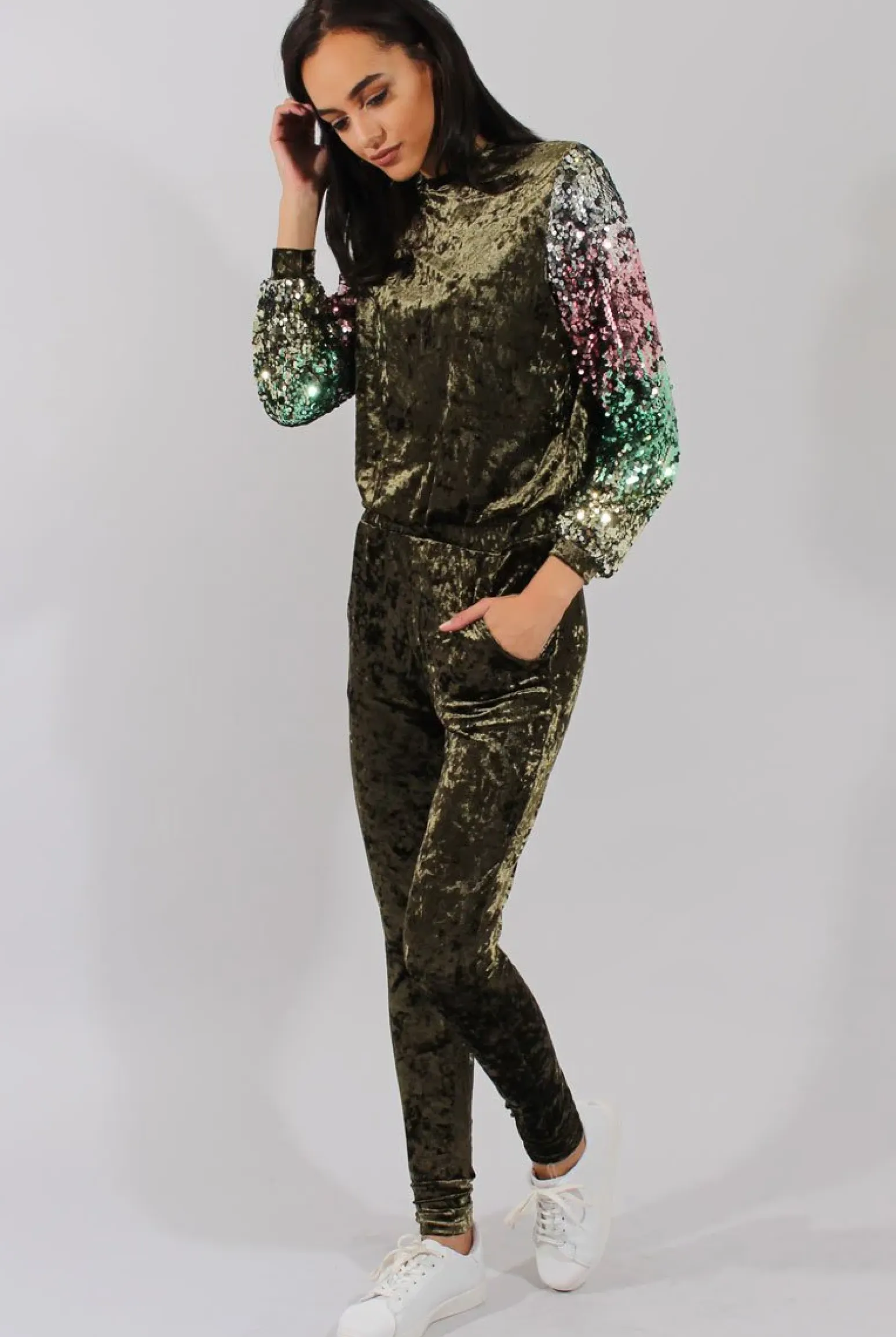 Rebellious Fashion Khaki Crushed Velvet Jumper - Rainie