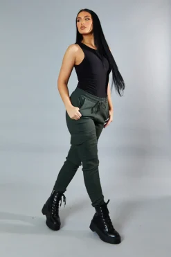 Rebellious Fashion Khaki Cuffed Hem Cargo Trousers - Rain