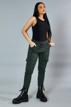 Rebellious Fashion Khaki Cuffed Hem Cargo Trousers - Rain