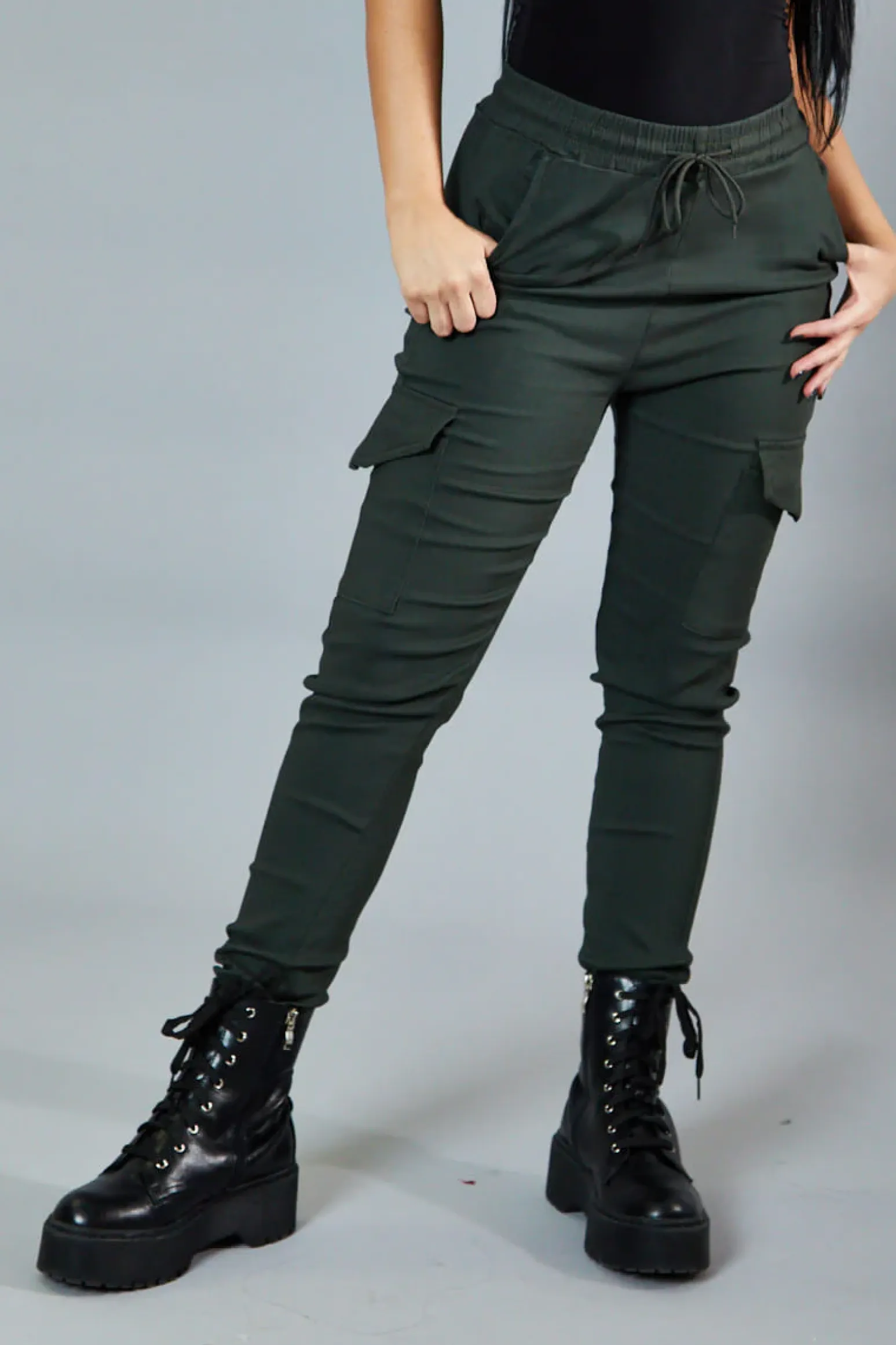 Rebellious Fashion Khaki Cuffed Hem Cargo Trousers - Rain
