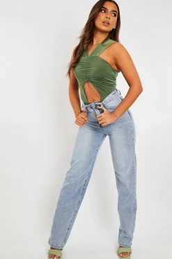Rebellious Fashion Khaki Cut Out Ruched Halter Neck Bodysuit - Janessa