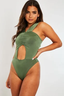 Rebellious Fashion Khaki Cut Out Ruched Halter Neck Bodysuit - Janessa
