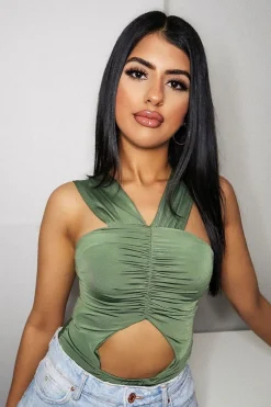 Rebellious Fashion Khaki Cut Out Ruched Halter Neck Bodysuit - Janessa
