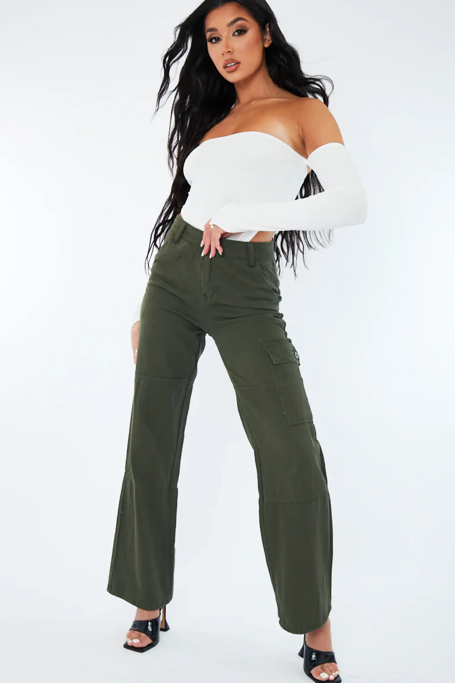 Rebellious Fashion Khaki Denim Cargo Trousers - Renata