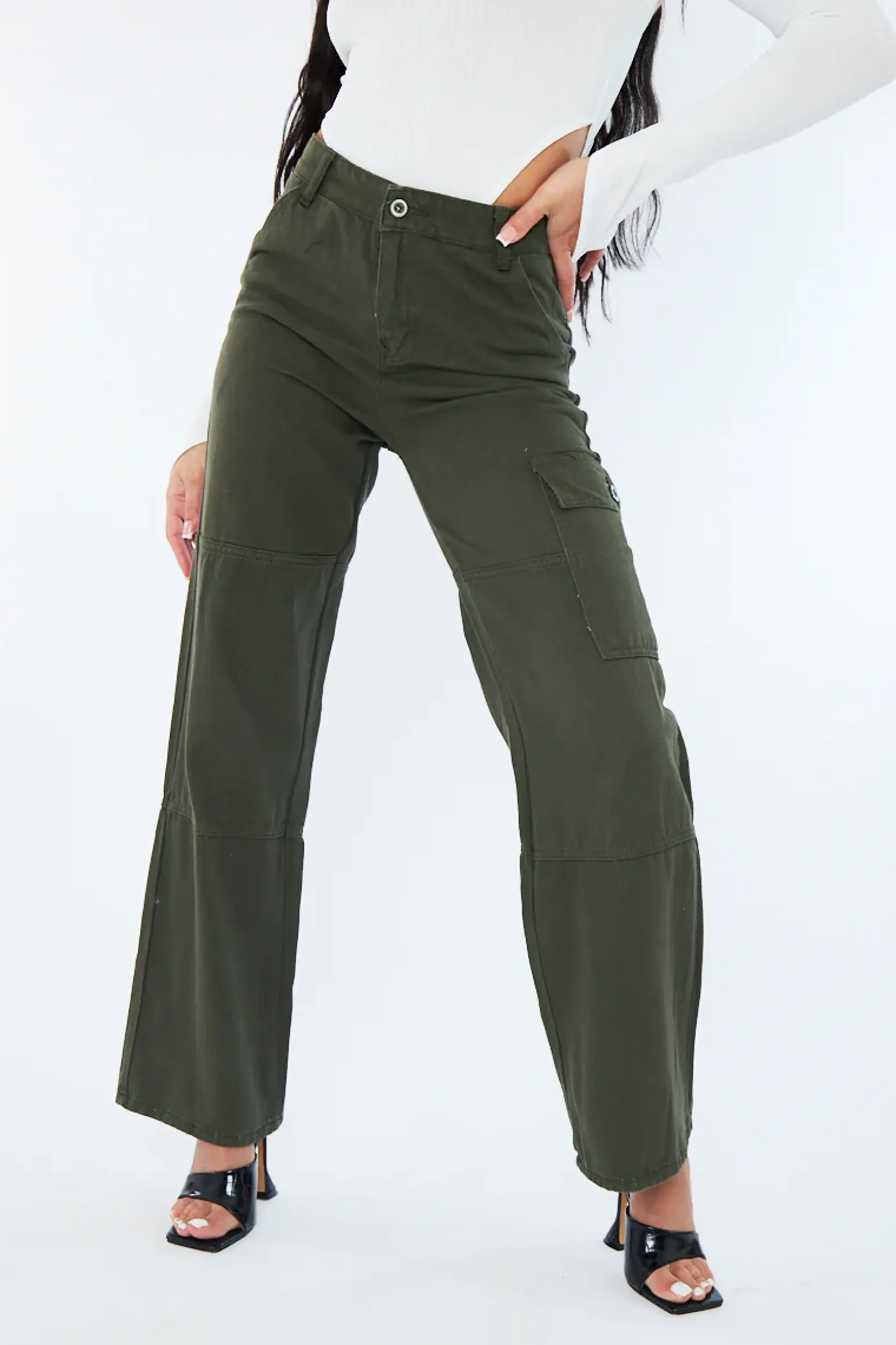 Rebellious Fashion Khaki Denim Cargo Trousers - Renata