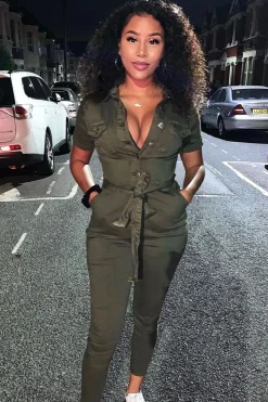 Rebellious Fashion Khaki Denim Short Sleeve Button Up Belted Waist Boilersuit - Stevie