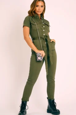 Rebellious Fashion Khaki Denim Short Sleeve Button Up Belted Waist Boilersuit - Stevie