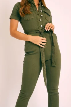 Rebellious Fashion Khaki Denim Short Sleeve Button Up Belted Waist Boilersuit - Stevie