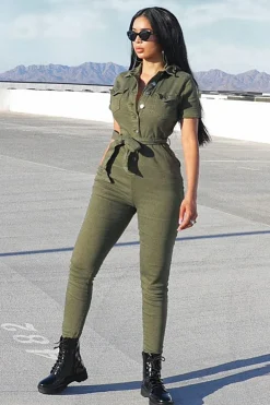 Rebellious Fashion Khaki Denim Short Sleeve Button Up Belted Waist Boilersuit - Stevie