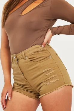 Rebellious Fashion Khaki Distressed Detail Denim Shorts - Brogan