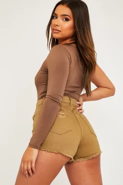 Rebellious Fashion Khaki Distressed Detail Denim Shorts - Brogan
