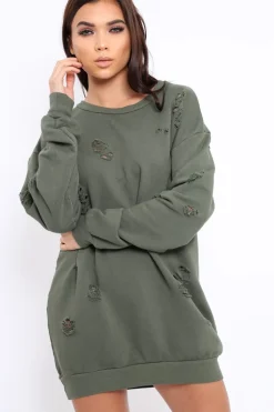 Rebellious Fashion Khaki Distressed Detail Sweatshirt Jumper Dress - Ivy