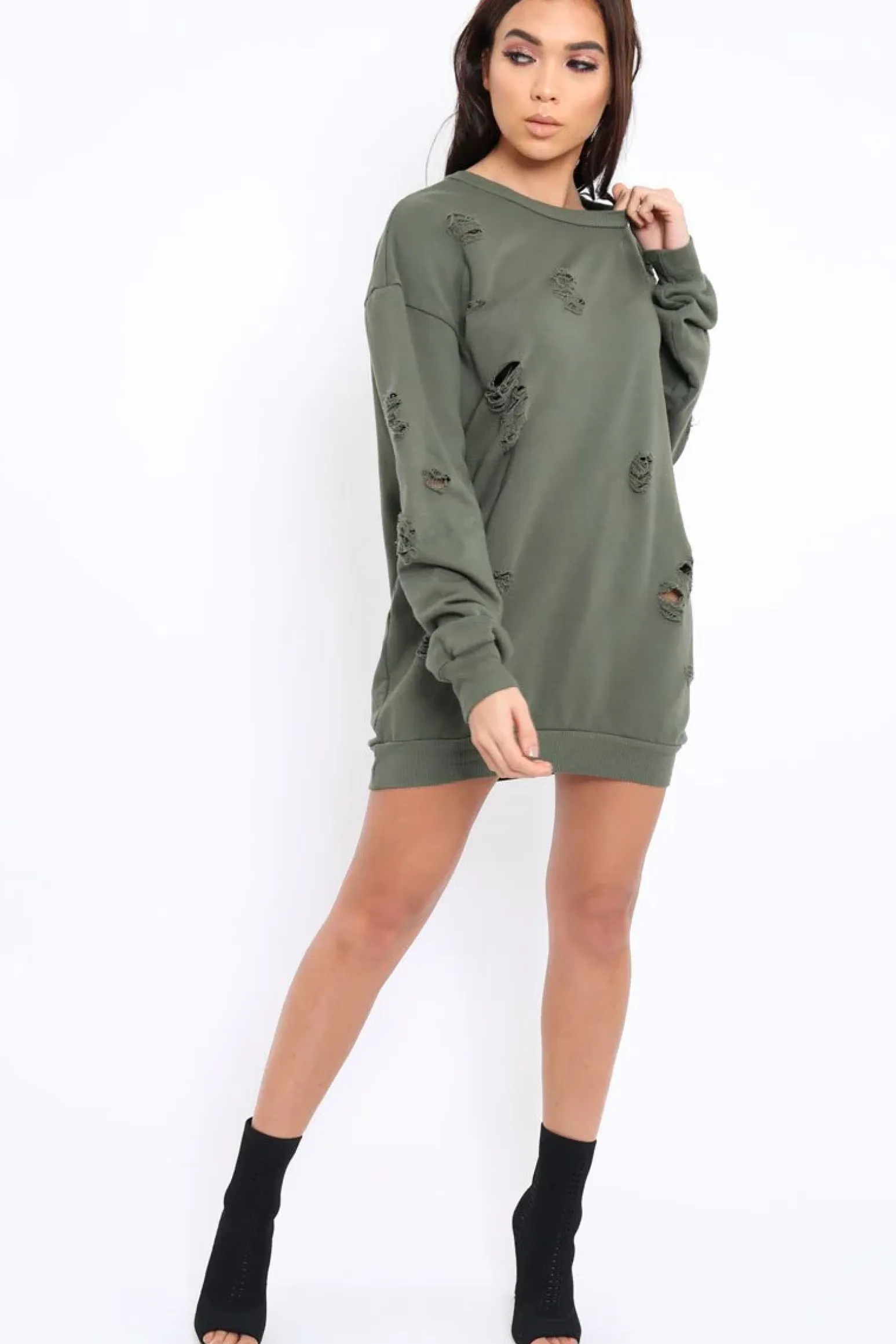 Rebellious Fashion Khaki Distressed Detail Sweatshirt Jumper Dress - Ivy