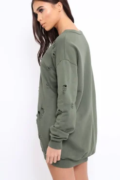 Rebellious Fashion Khaki Distressed Detail Sweatshirt Jumper Dress - Ivy