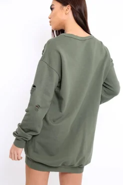 Rebellious Fashion Khaki Distressed Detail Sweatshirt Jumper Dress - Ivy
